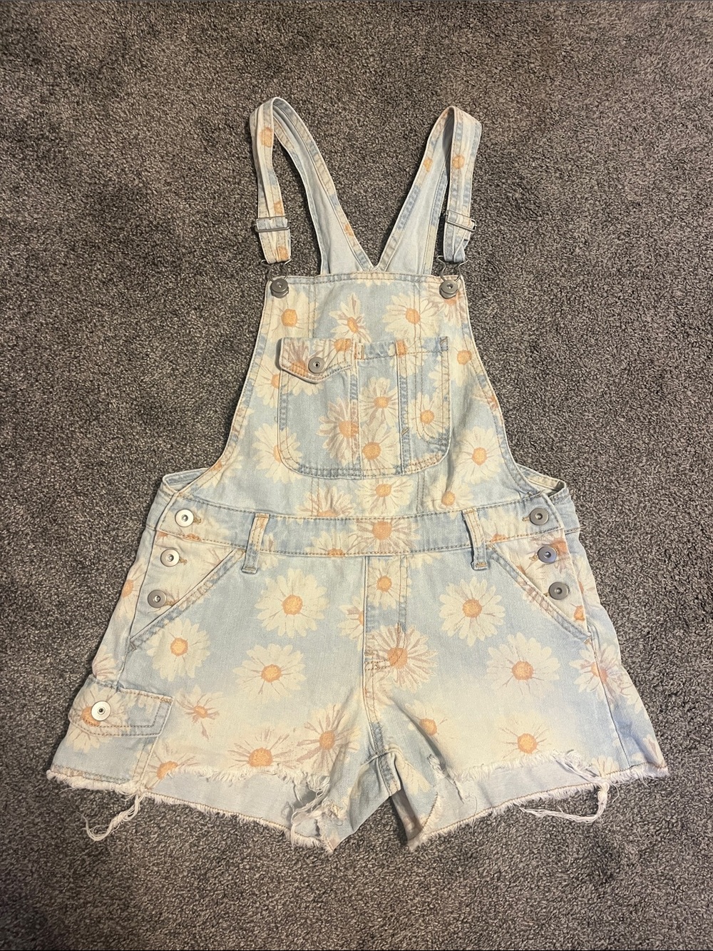 Daisy-Print Light Blue Denim Short Overalls